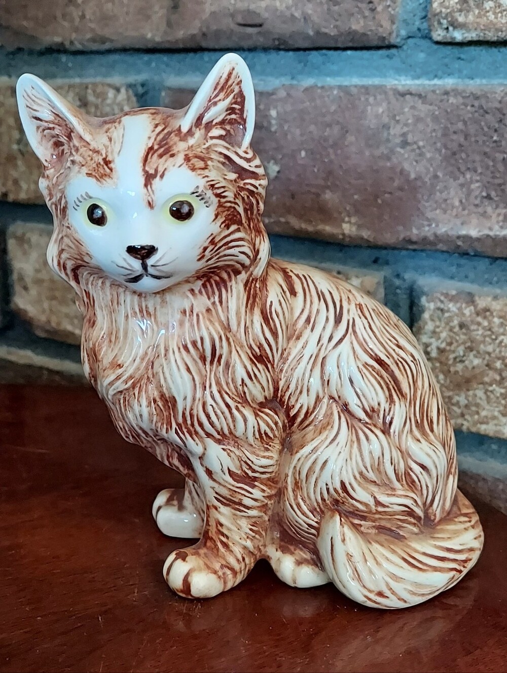 Ceramic Cat Figurine Brown White 6" Kitten Animal Decor